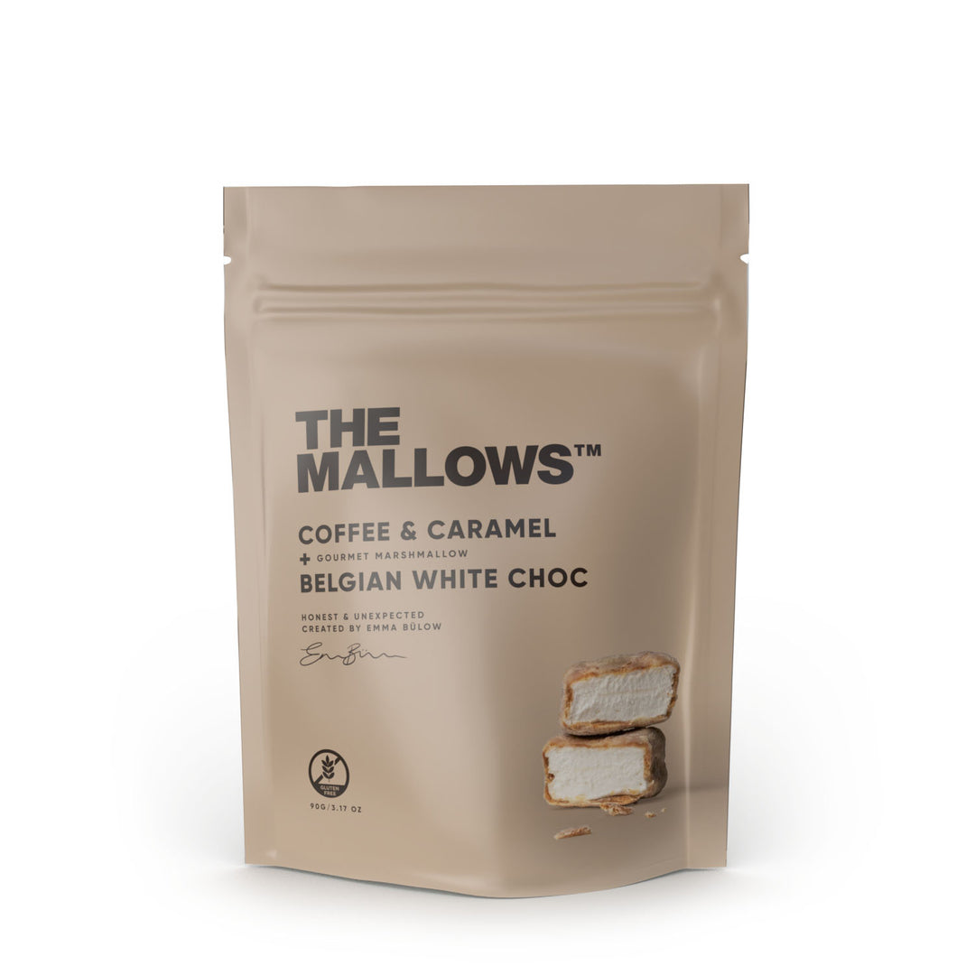 Package of 'The Mallows' coffee & caramel Belgian white choc marshmallows on a white background