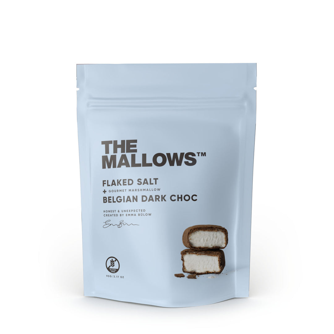 Packaging of 'The Mallows' flaked salt Belgian dark choc marshmallow on a white background