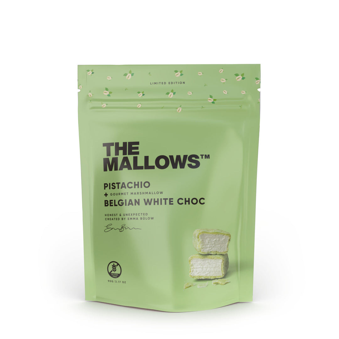 Green package of 'The Mallows' pistachio and Belgian white chocolate marshmallows on a white background