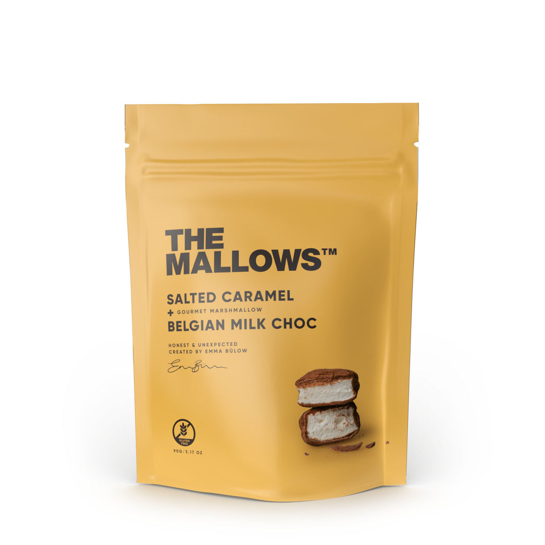 Yellow package of 'The Mallows' salted caramel Belgian milk chocolate marshmallows on a white background