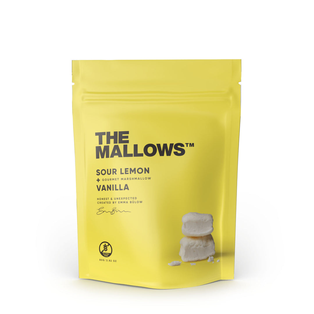 Yellow package of 'The Mallows' Sour Lemon Vanilla marshmallows on a white background