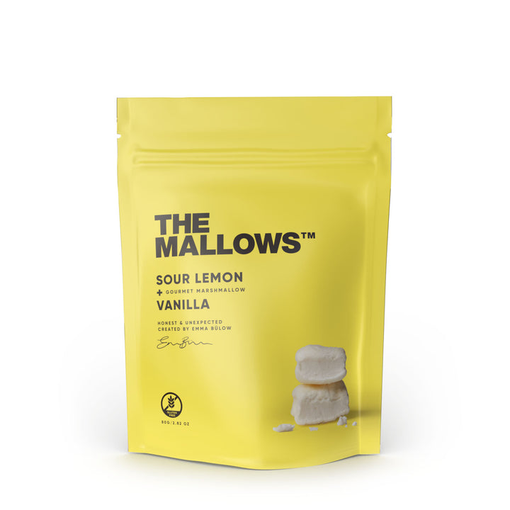 Yellow package of 'The Mallows' Sour Lemon Vanilla marshmallows on a white background