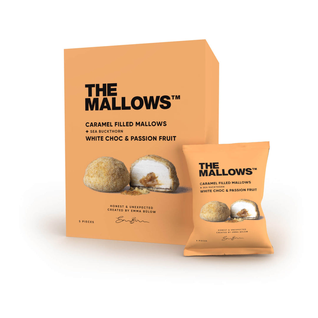 Caramel Filled Mallows – White Choc, Passion Fruit & Sea Buckthorn (5x 16g)