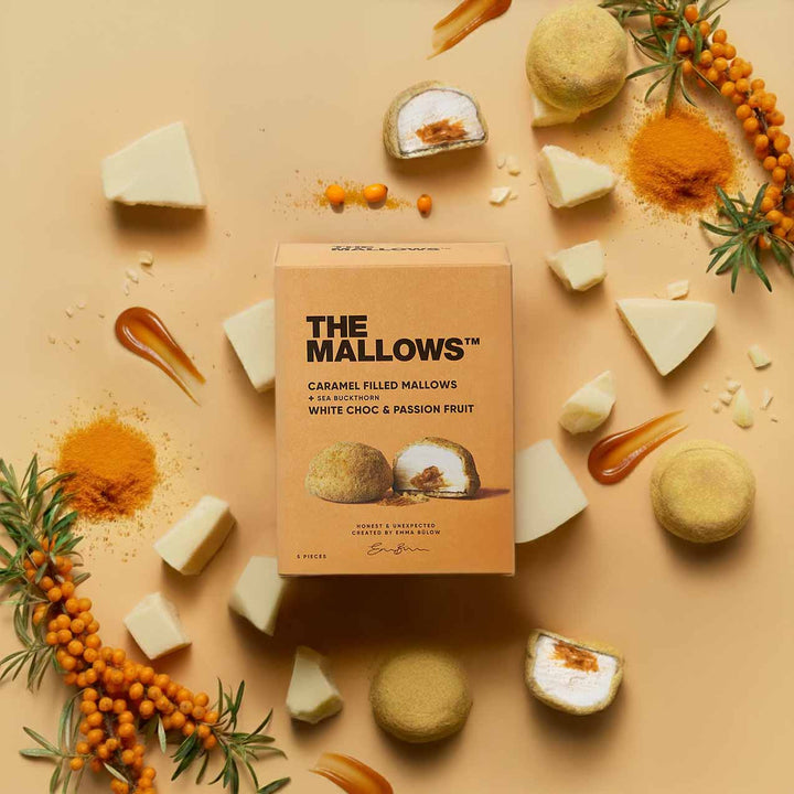 Caramel Filled Mallows – White Choc, Passion Fruit & Sea Buckthorn (5x 16g)