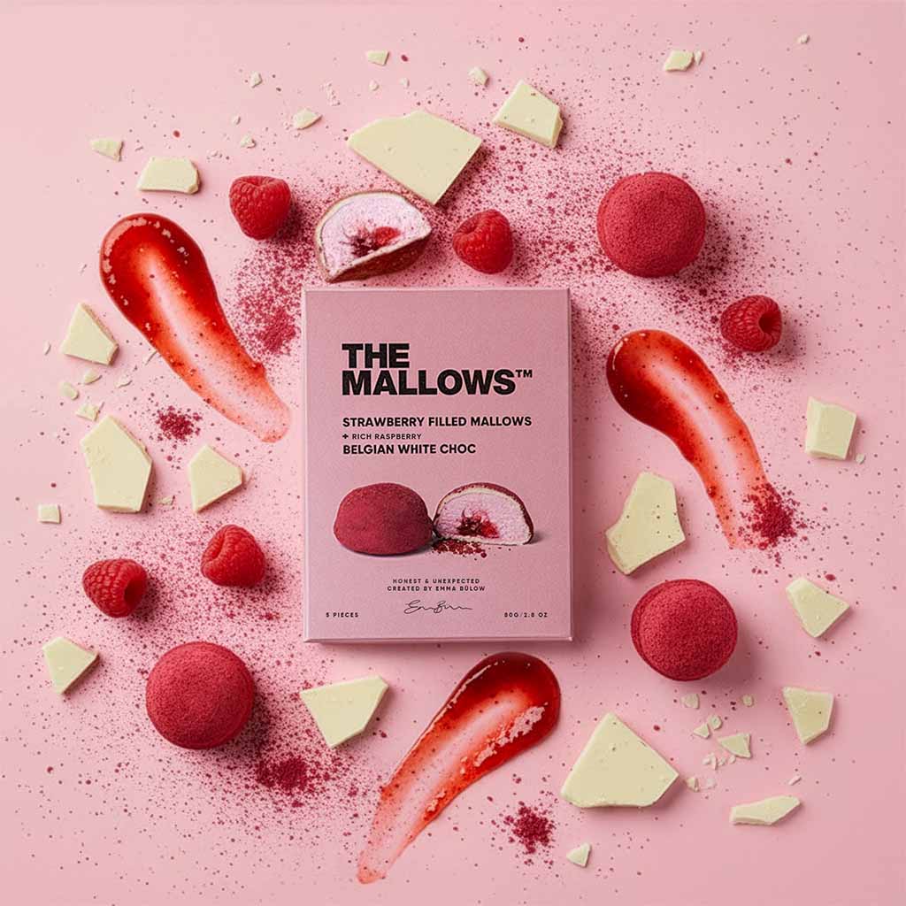 Strawberry Filled Mallows – With Rich Raspberry & Belgian White Choc (5x 16g)