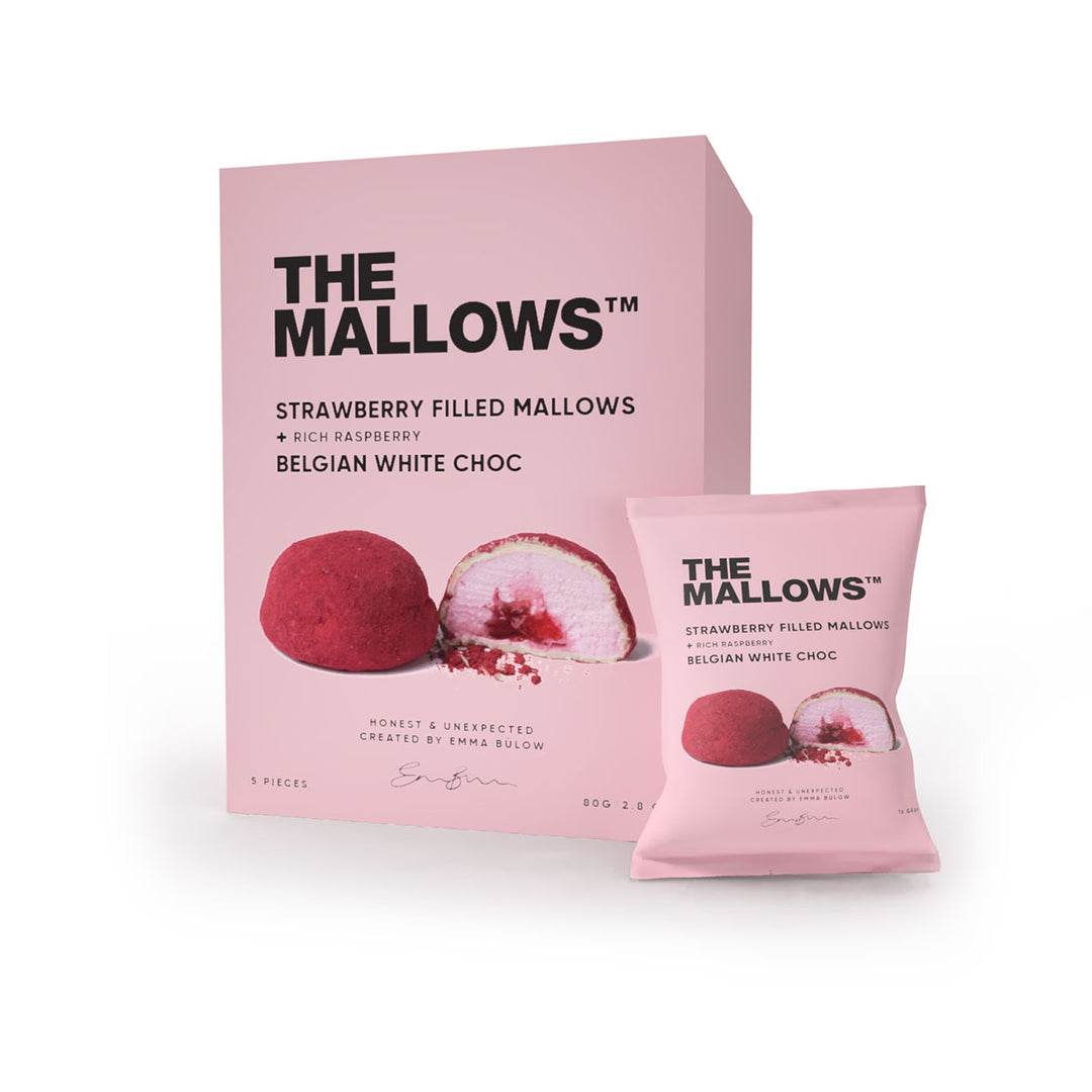 Strawberry Filled Mallows – With Rich Raspberry & Belgian White Choc (5x 16g)