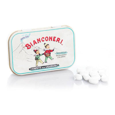 Amarelli Bianconeri 50g Tin - Mint & Vanilla Flavoured Sugar Coated Liquorice-Italian Liquorice-Liquorice Heaven